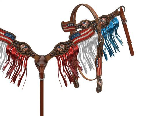 Showman Painted American Flag headstall & breast collar set with fringe