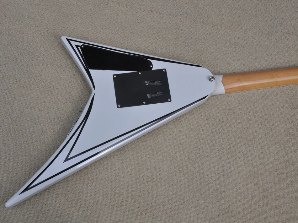 Factory Customized White V Shape Electric Guitar with Tremolo Bridge