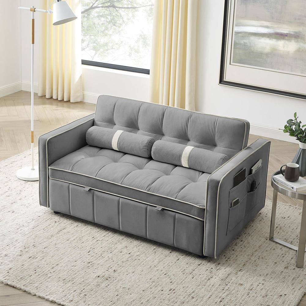 55.5" Pull Out Sleep Sofa Bed 2 Seater Adjsutable Backrest and Lumbar Pillows