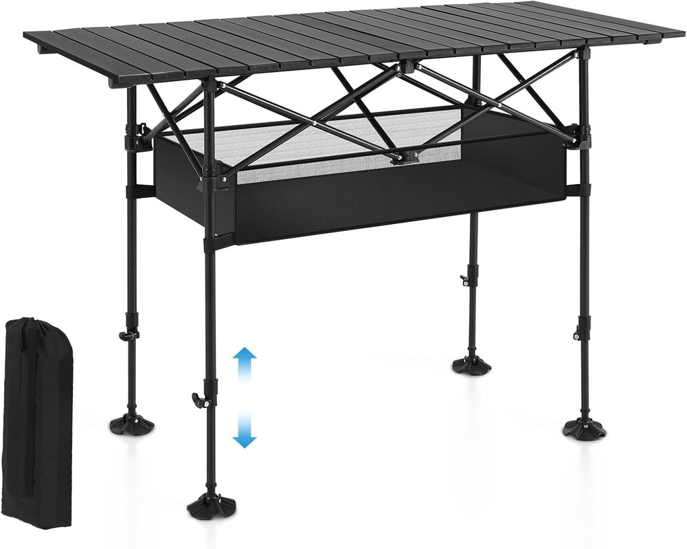 Folding Camping Table, Portable Roll-Up Table with Adjustable Height, Large Stor