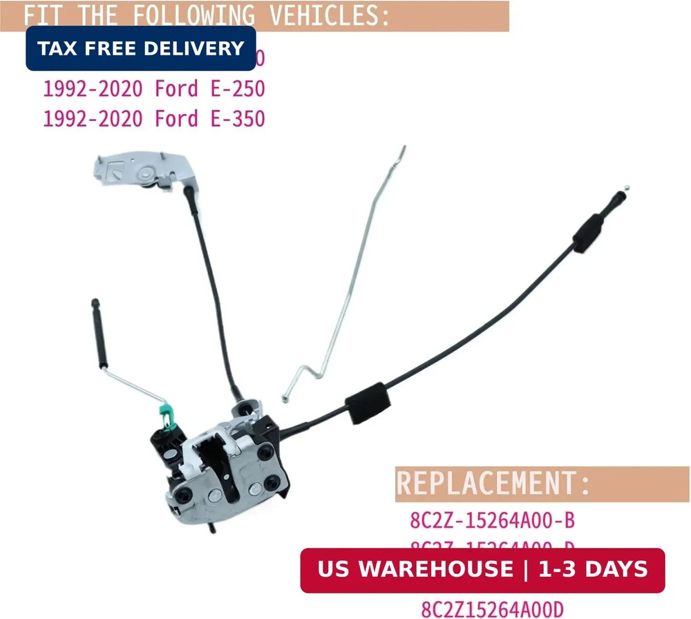 Side Door Latch Assembly w/Cable Rod Ford E150 E250 E350 1992-2018 Econoline Van