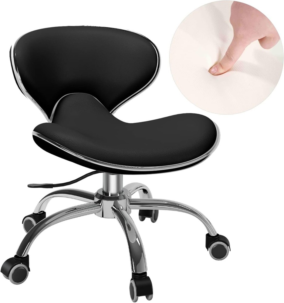 Adjustable Low Height Salon Technician Stool w/ Back Support Rolling Chair