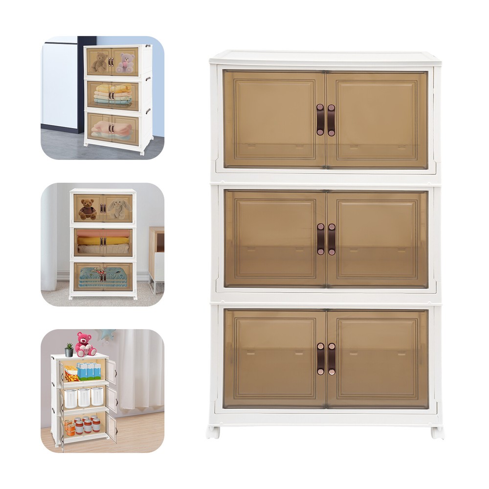 3PCS Foldable Stackable Storage Cabinets with Wheels White 25.59*16.54*43.5in US