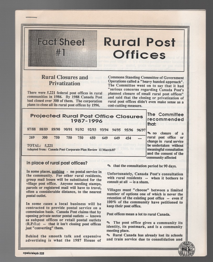FACT SHEETS 1987 postal strike backgrounders CUPW bilingual 6 topics
