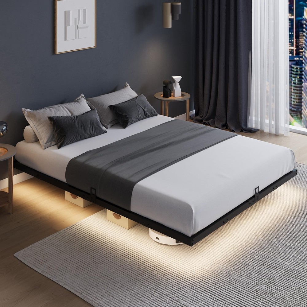 Floating Bed Frame with LED Lights, Modern Platform Queen Bed Frame with Matt...