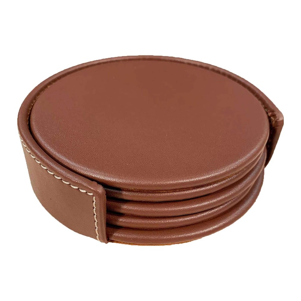 Dacasso Rustic Brown Leather 4-Round Coaster Set
