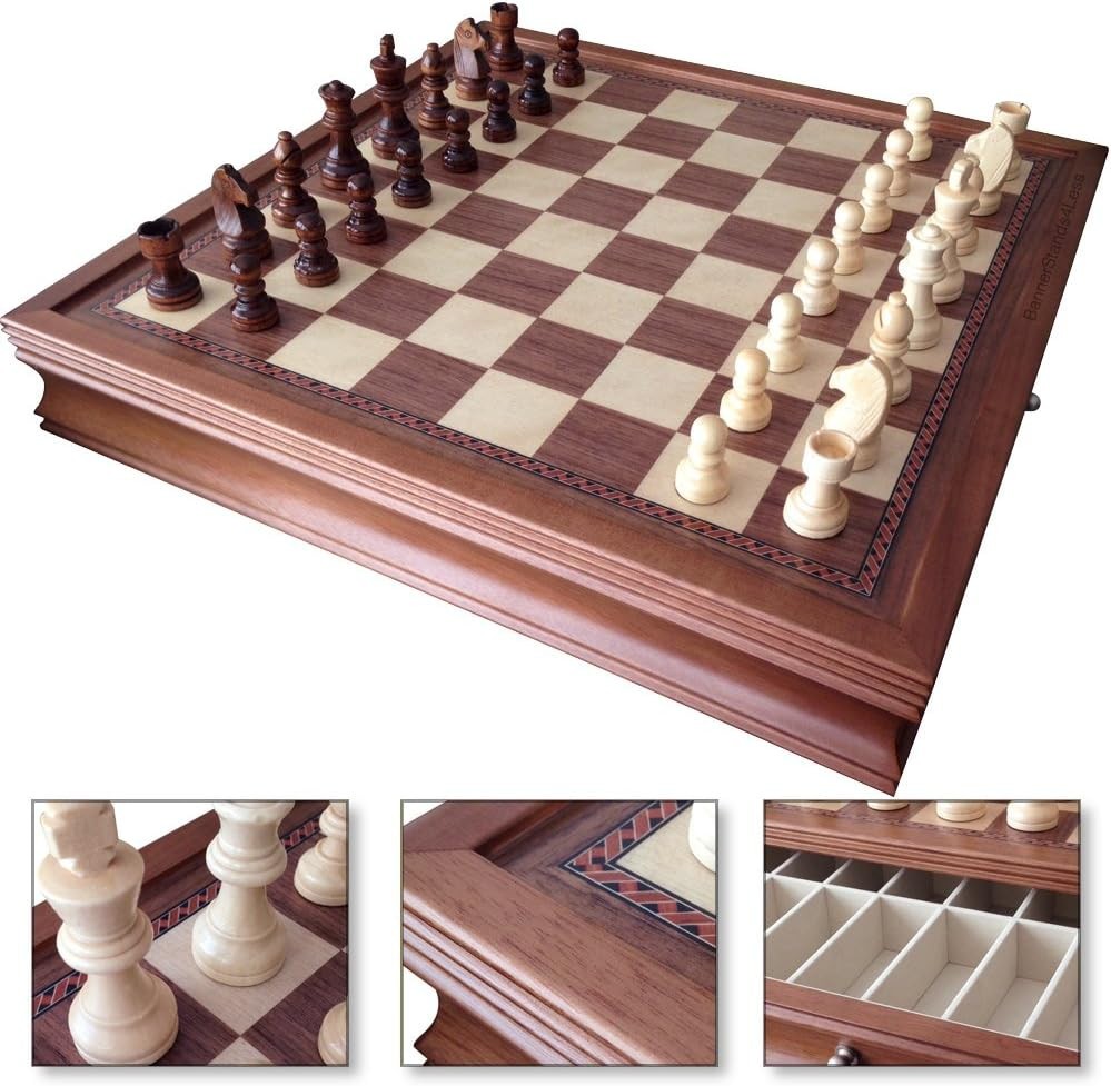 Chess Set Board Game 19" Large Deluxe w/ Drawer Storage Box Walnut Wood 1208M