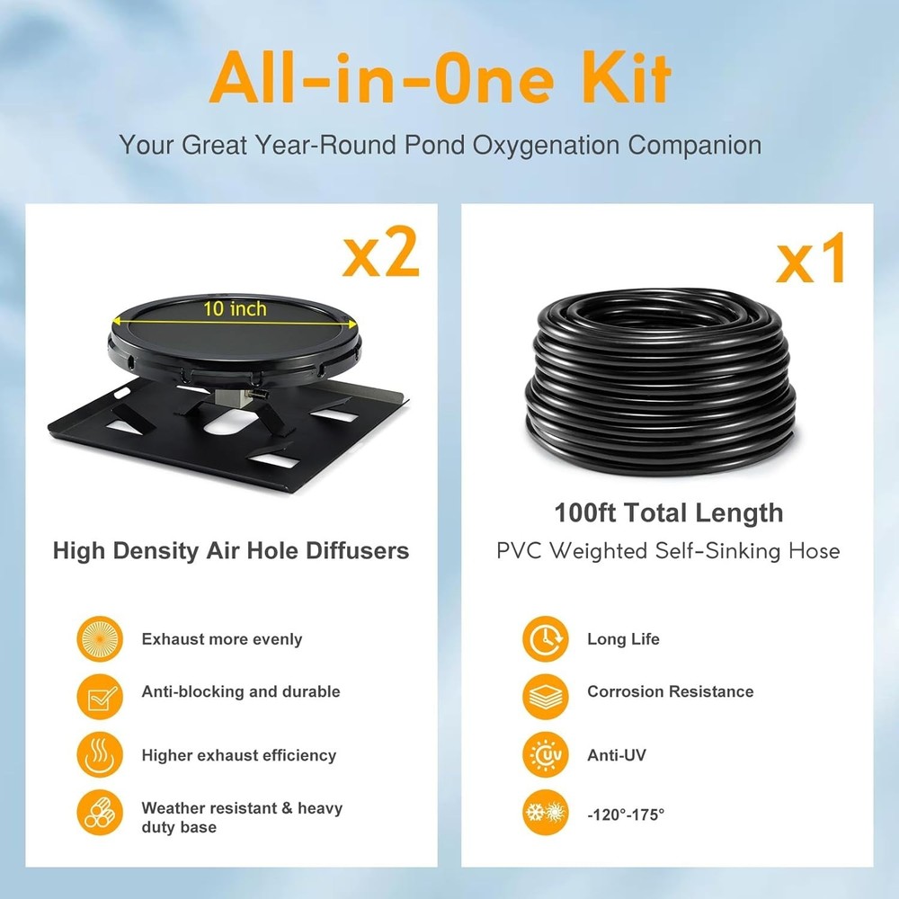 Outdoor Pond Aerator System 100ft Sinking Air Line 5.76 CFM with 2 Diffusers