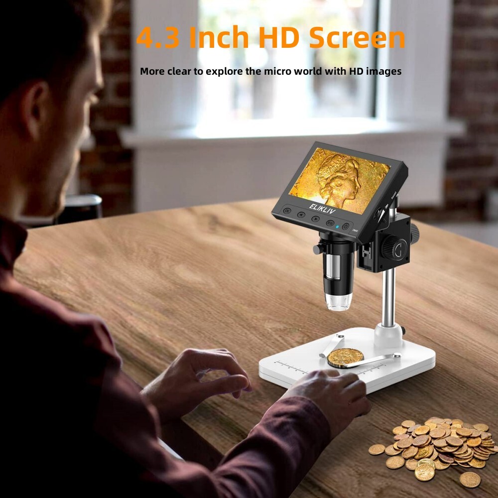 Elikliv Coin Microscope 1000X 4.3'' LCD Digital Microscope with Screen USB HD