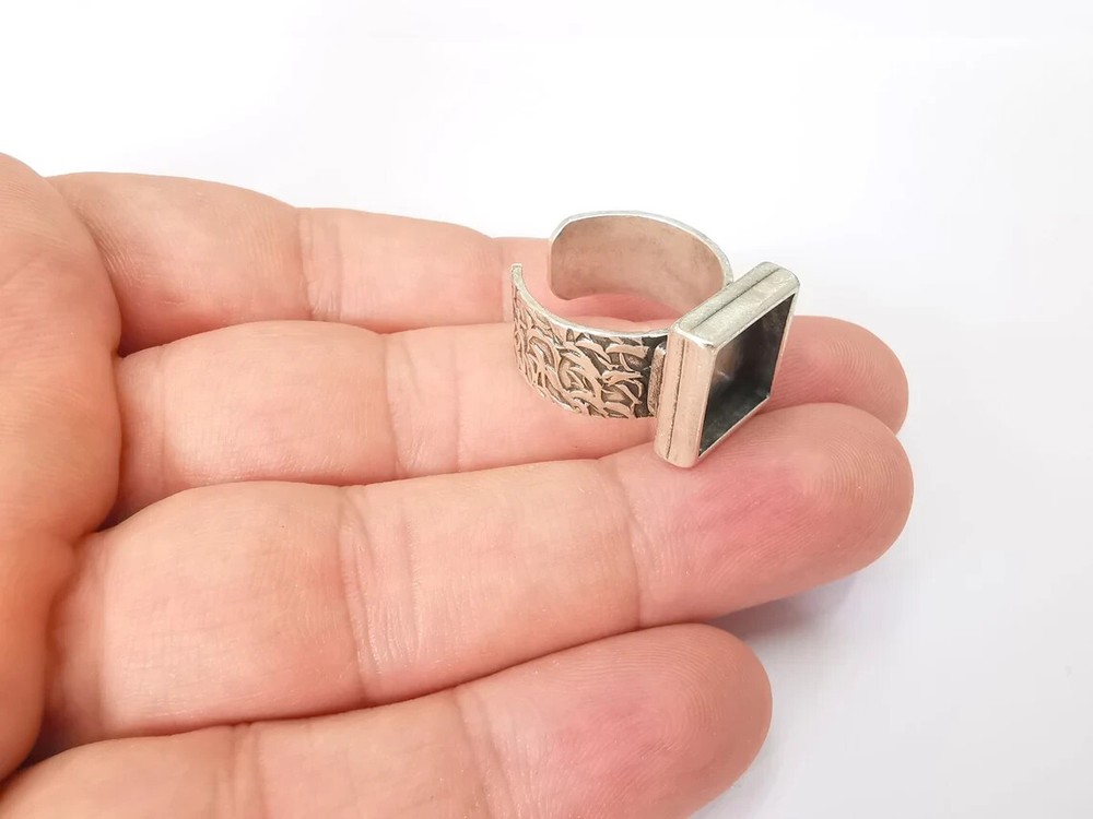 Square Antique Silver Ring Blank Settings, Cabochon Mounting Adjustable Resin