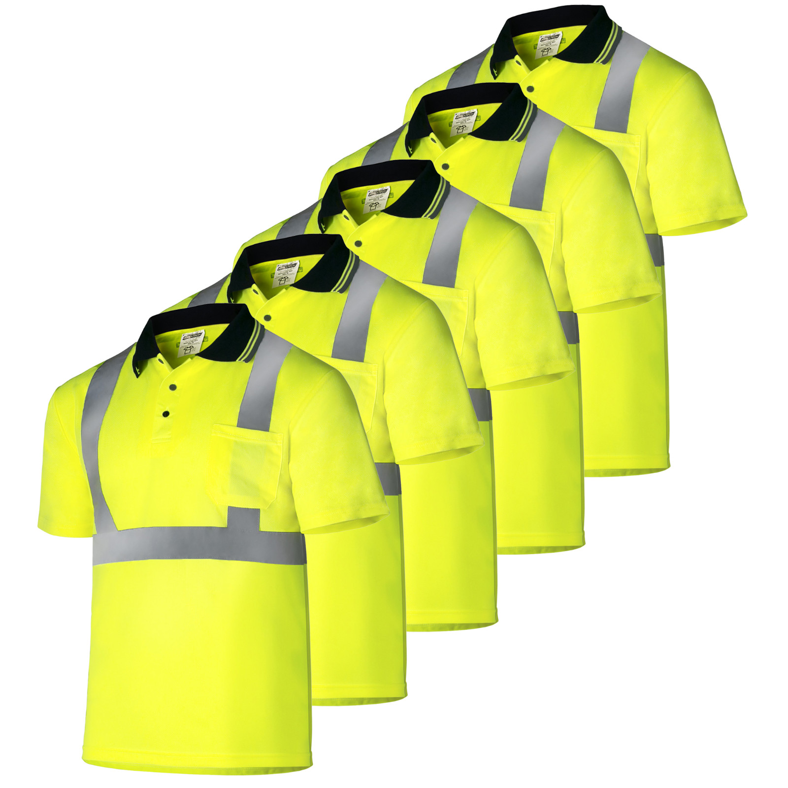 5 Pack Hi-Vis Lime Safety Workwear Short Sleeve Polo Shirt Top Reflective Tape