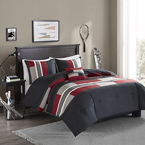 Casual Comforter Set Sporty Design, Vibrant Color, Full/Queen Stripe Black/Red