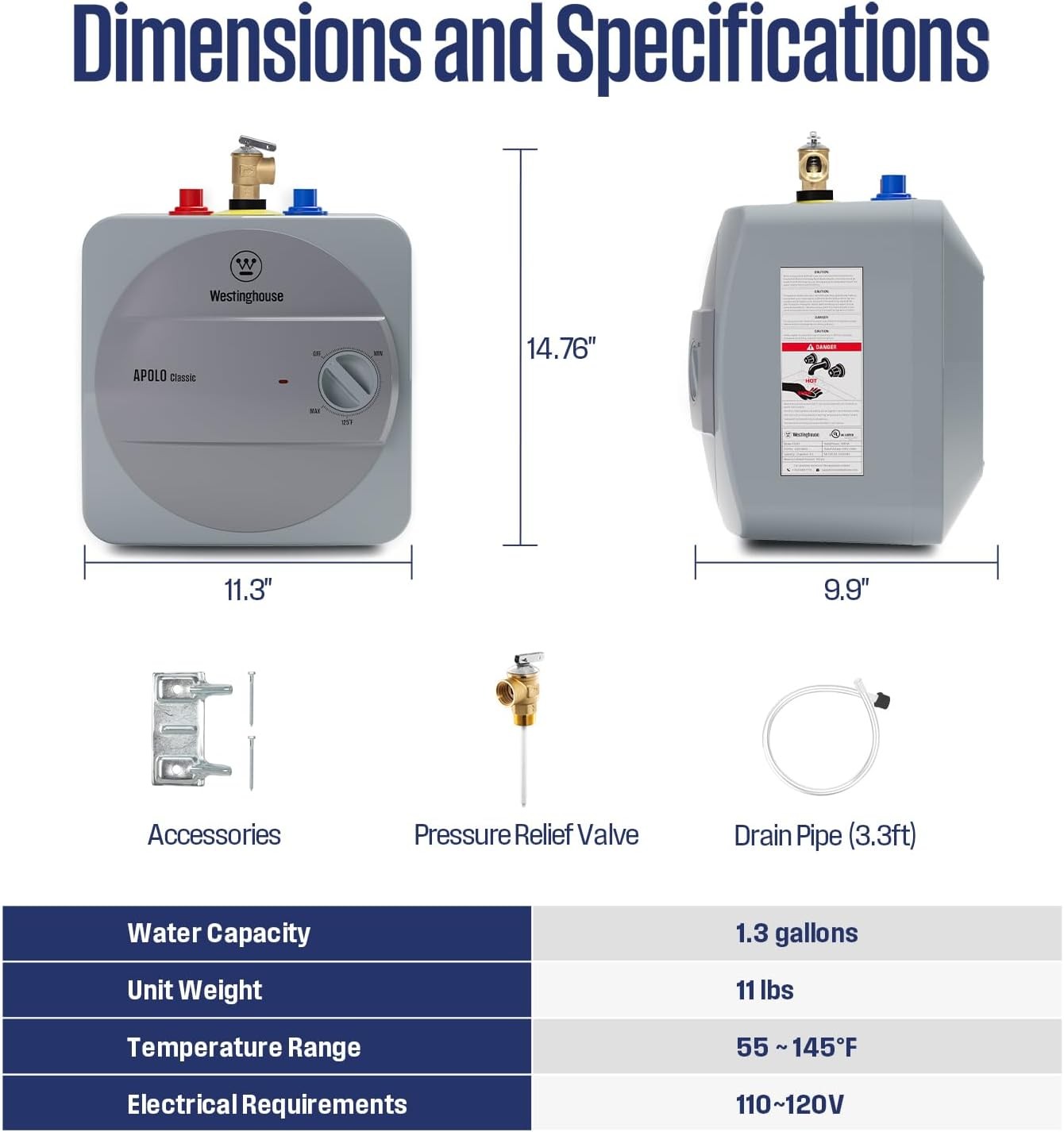 1.3 Gal Electric Mini-tank Water Heater 1440W Under Sink Water Heater - Used