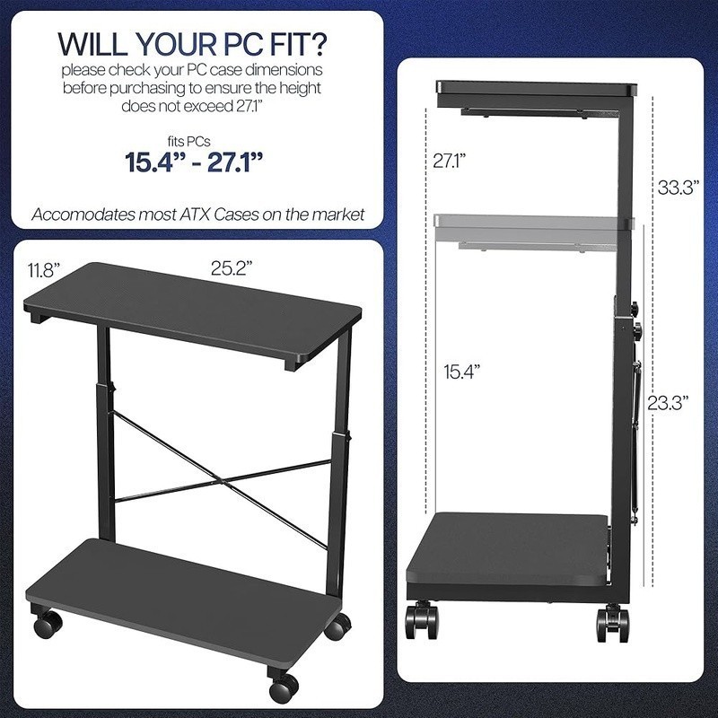 Height Adjustable Mobile PC Holder 2-Tier CPU Cart W/ Lockable Casters Storage