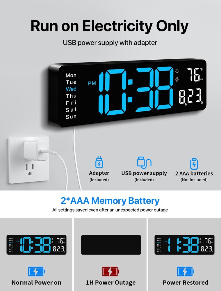 Digital Wall Clock, 16" Large Display Digital Clock with Remote Control, Auto...