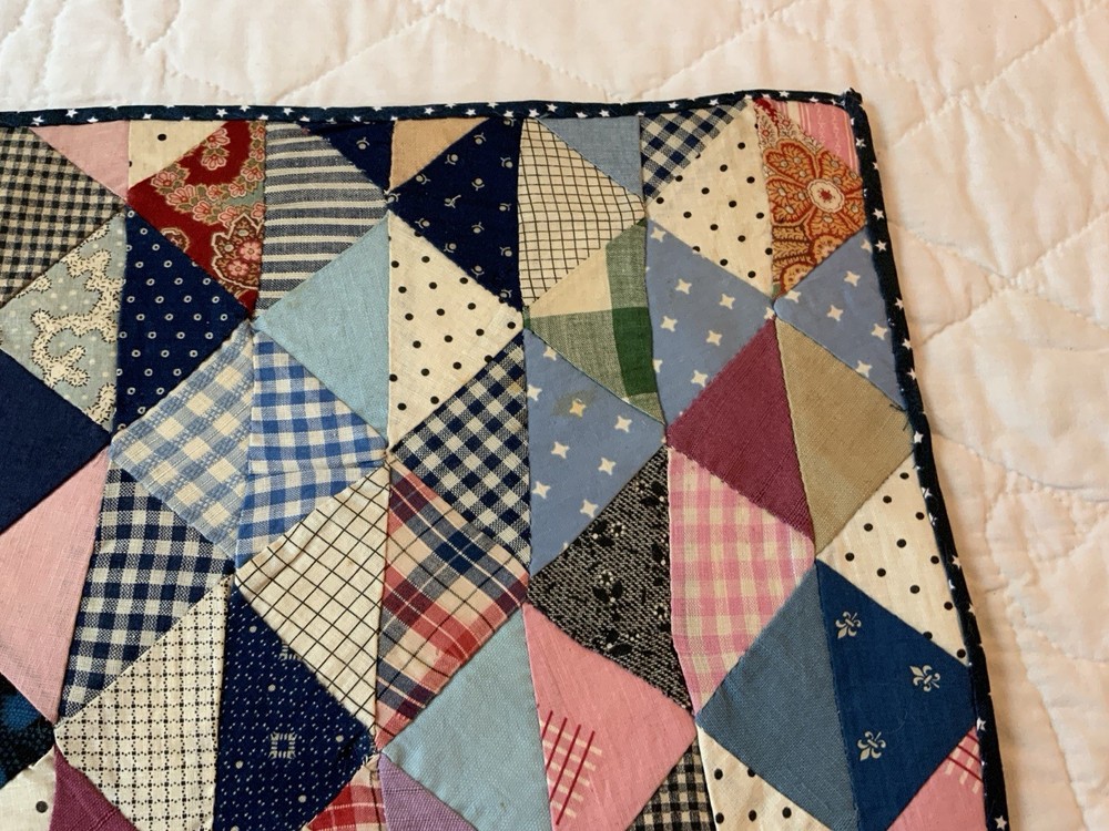 Vintage Antique Patchwork Quilt Table Topper, Early Calicos, Triangles, Multi