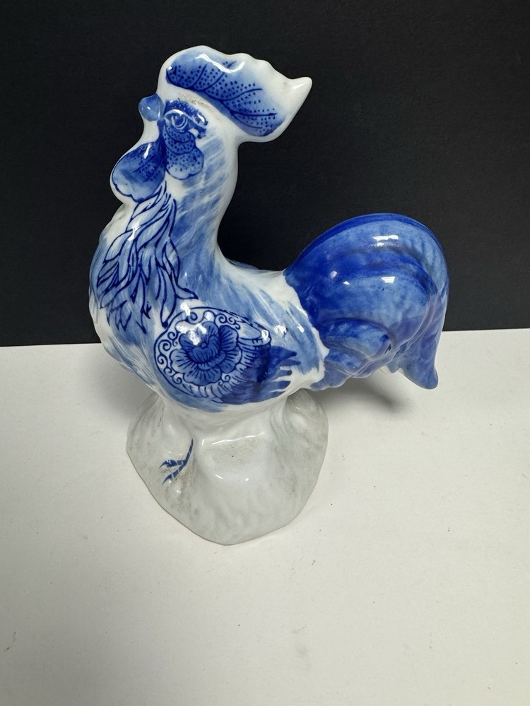 Ceramic Rooster Chicken Hand Painted Cobalt Blue 8" Tall EUC