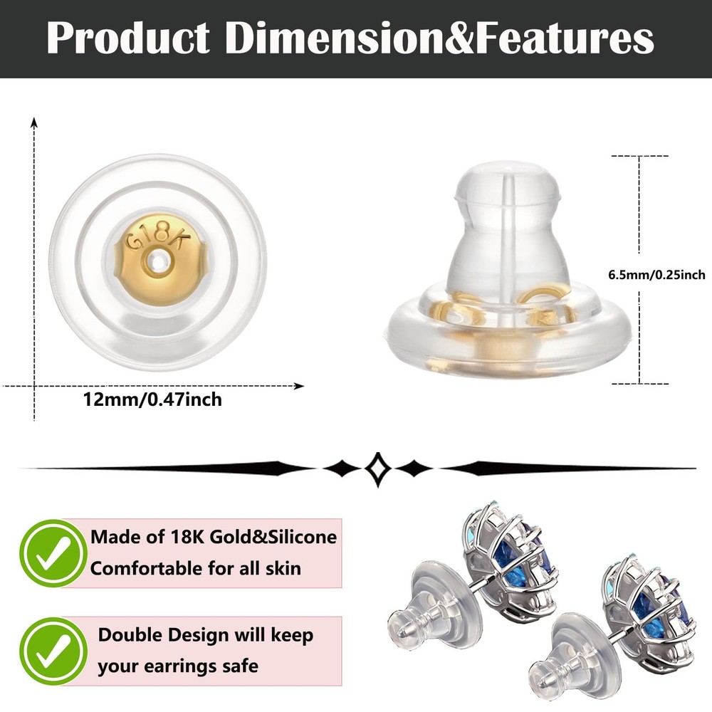 Silicone Earring Backs, 6pcs 18K Gold Replacements, Locking for Studs/Droopy ...
