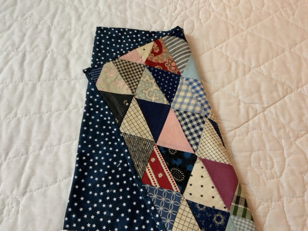 Vintage Antique Patchwork Quilt Table Topper, Early Calicos, Triangles, Multi