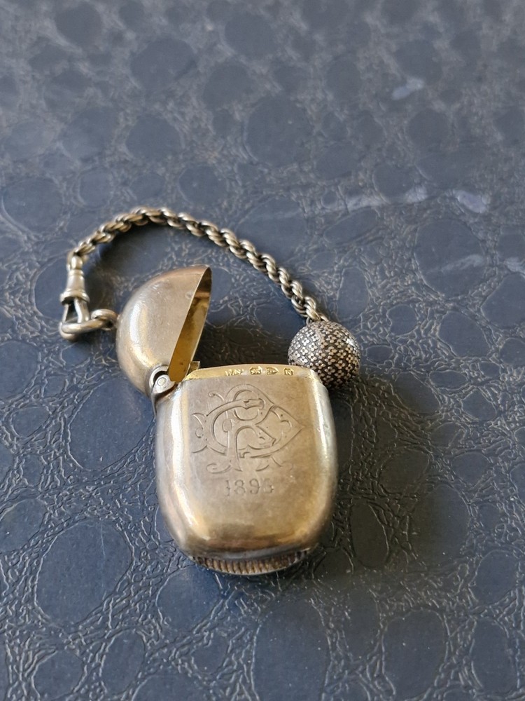 Victorian 1896 Solid Silver Vesta Case,Chester Hallmarked,William Neale + Chain.