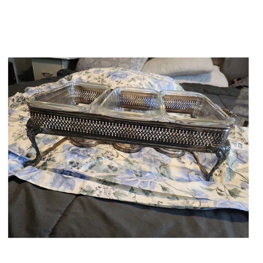 Pyrex 3-Compartment Rectangular Chafing Dish Silver Glass Large w/ Stand 3qt