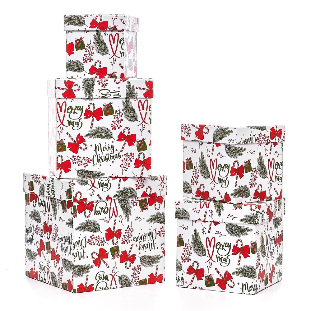 5PCS Christmas Nesting Gift Boxes with Lid, Nested Box Set, 5 Sizes, Square S...