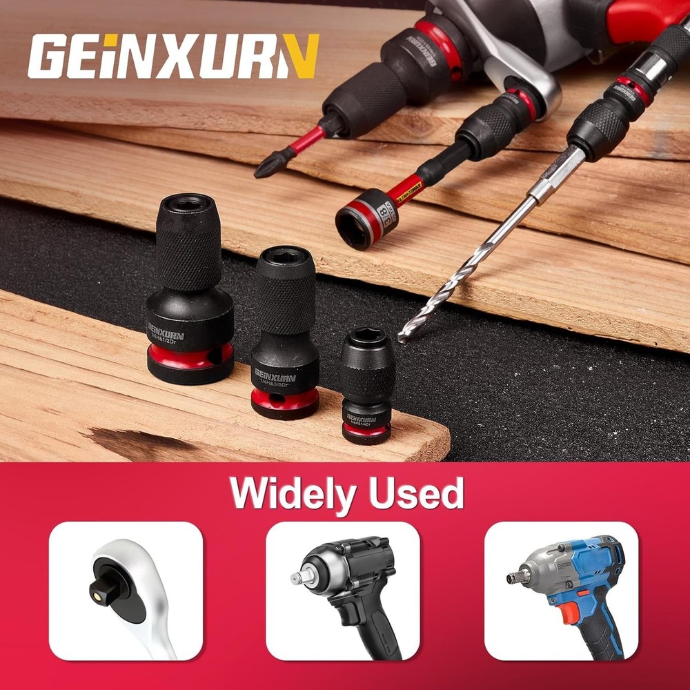 3PCS Impact Socket Adapter Set 1/2" 3/8" 1/4" Drive to 1/4" Hex Quick Release Ho