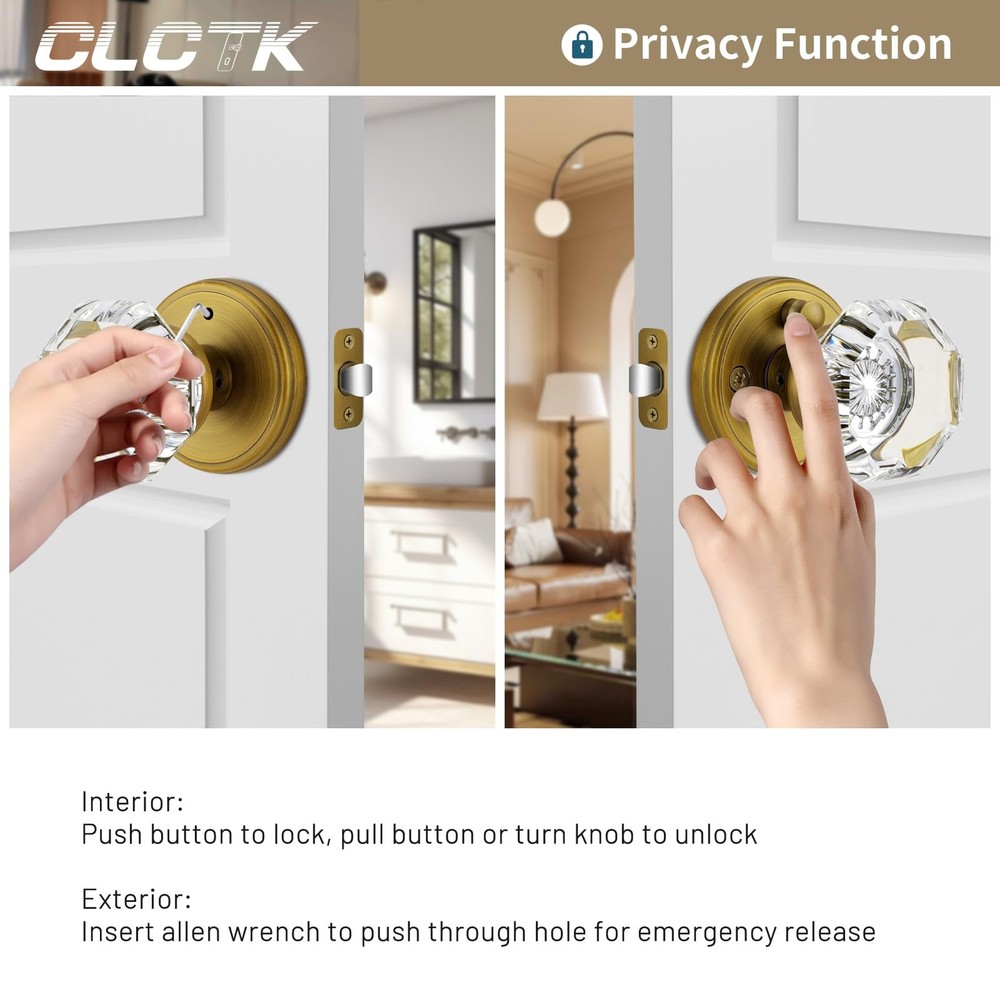 CLCTK Antique Brass Door Knobs Glass Interior with