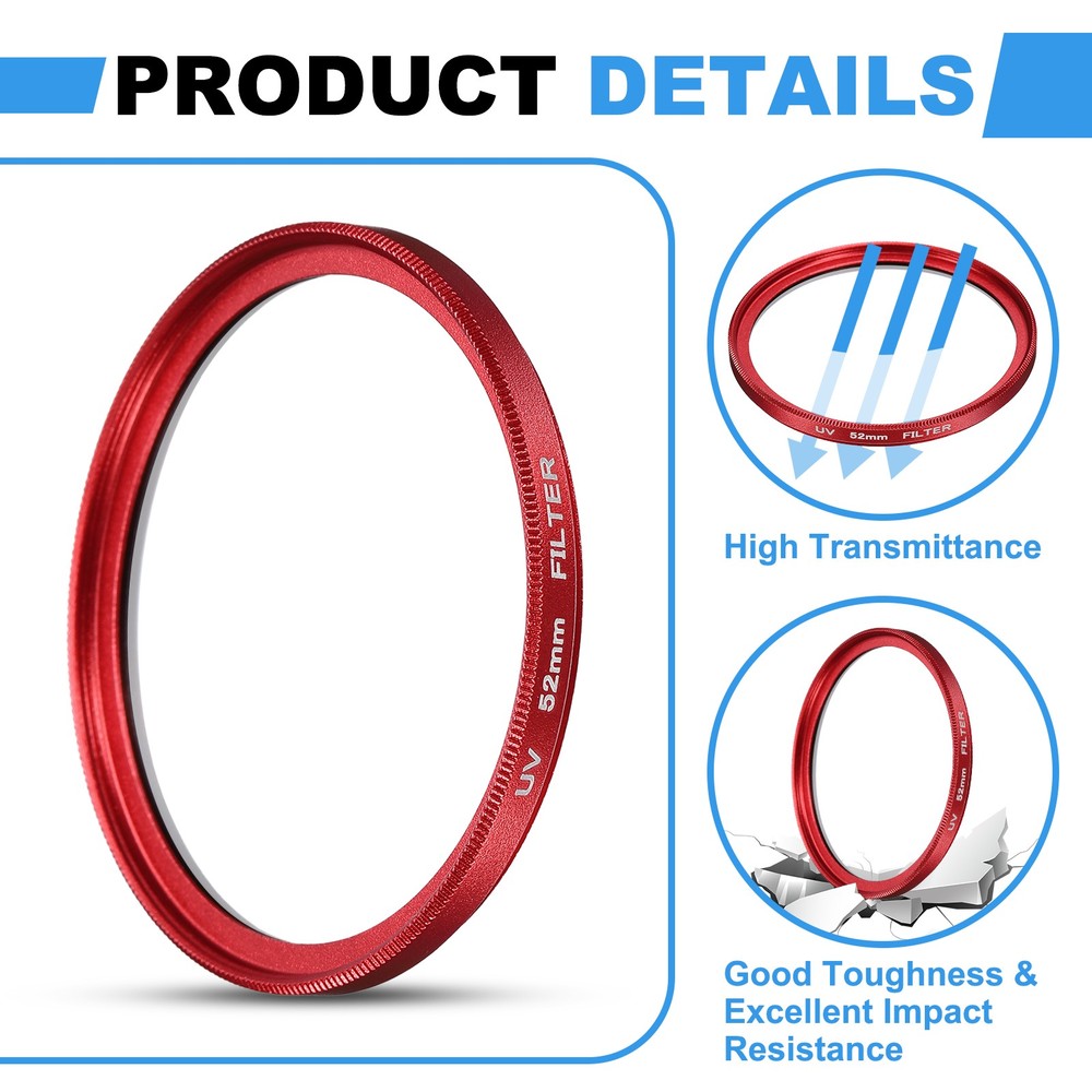 2Pcs 52mm Ultra Slim Lens Filter Multi Coating Camera Len Filter, Red