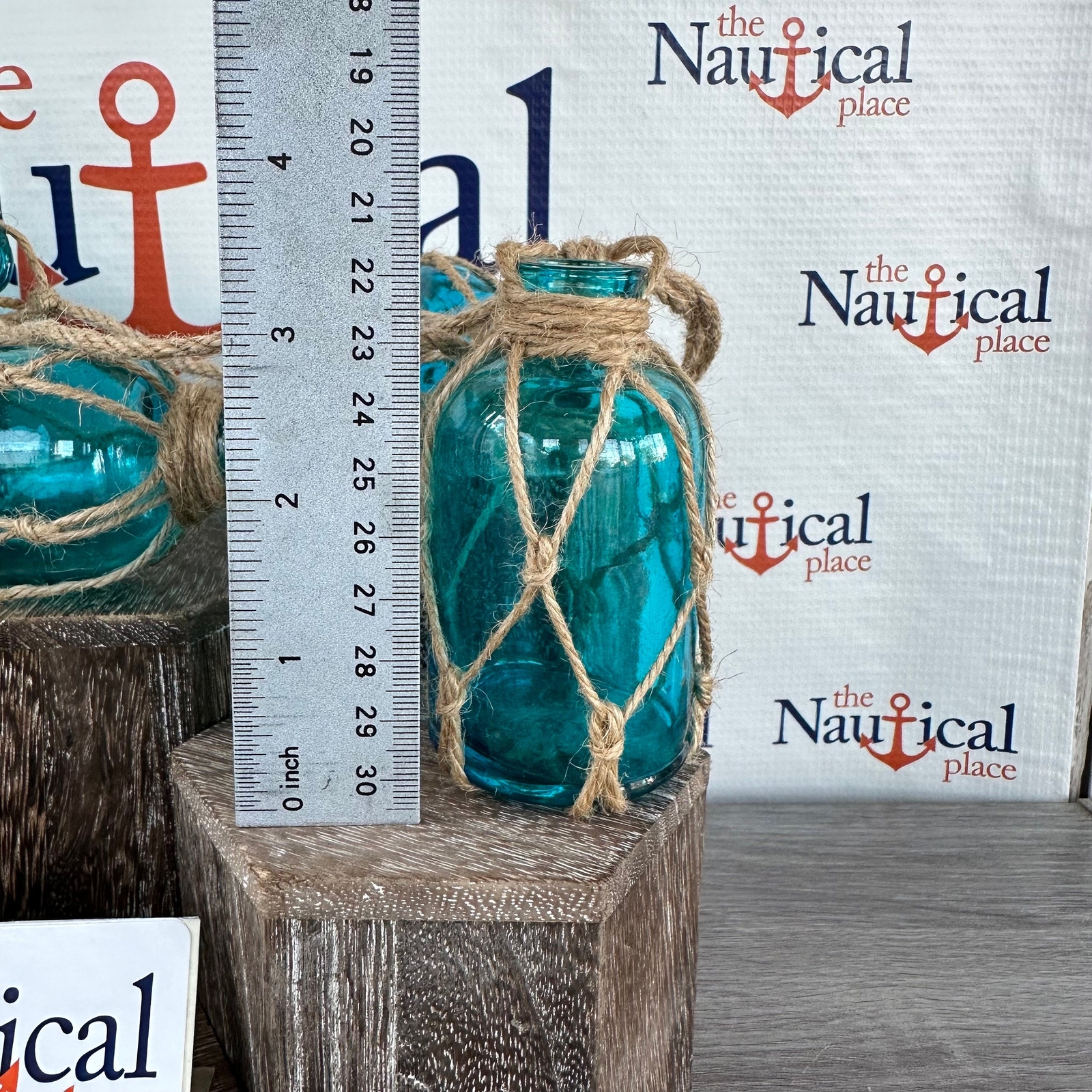 5 - Aqua Glass Bottles On Rope - Nautical Fish Net Buoy Ball Floats, Beach Decor