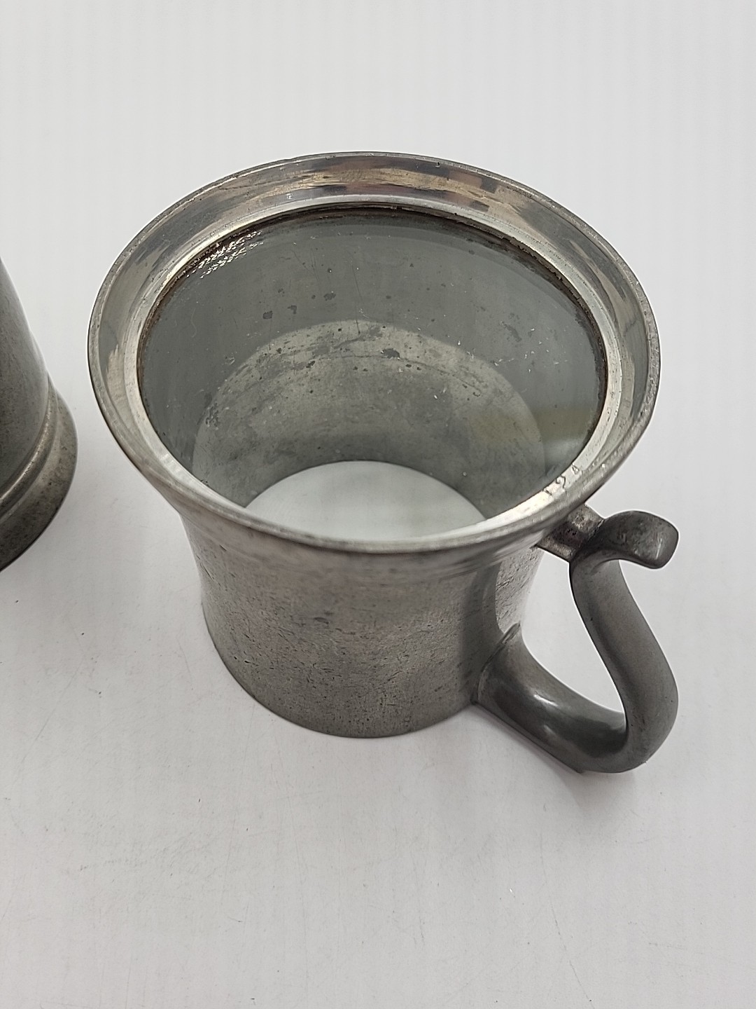 2~Vintage Reed & Barton Pewter Tankard Mugs #124,#232 Glass Bottoms Engraved