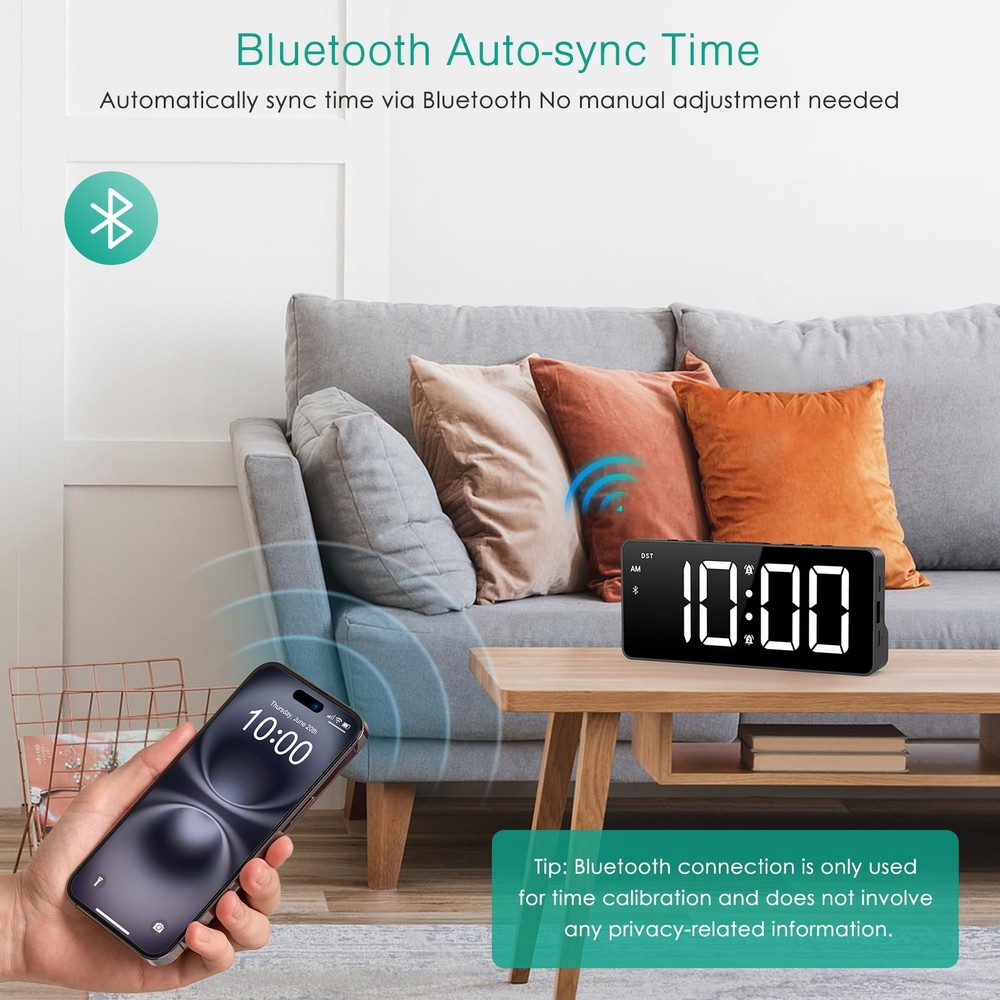 Digital Alarm Clock, LED Bedroom Clock with Bluetooth Sync Time, Auto Sync Ti...