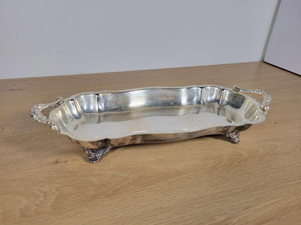 Silver Plate Etched Serving Tray Footed with Handles 13" Rectangular