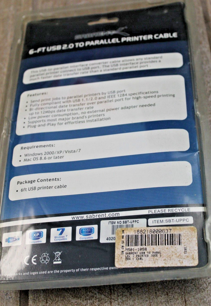 Parallel Printer Cable Adapter Sabrent SBT-UPPC USB to Serial/Parallel - 6 ft