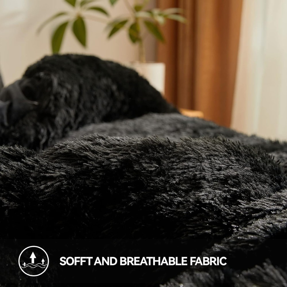 Faux Fur Black Comforter Set Queen，Down Alternative Queen,