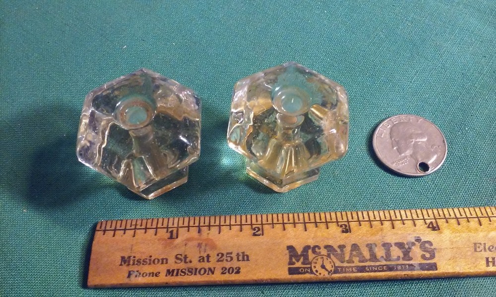 Set of 2 VINTAGE Clear Solid GLASS DRAWER PULL 1-1/4" W&H 6 Point Octagonal