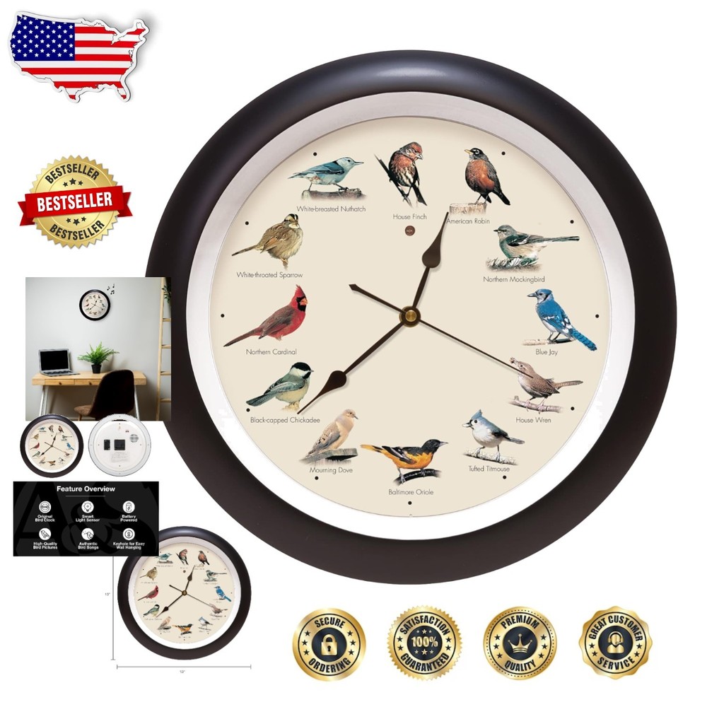 Authentic Singing Bird Wall Clock 13" Black - Quartz Movement, Battery Powered