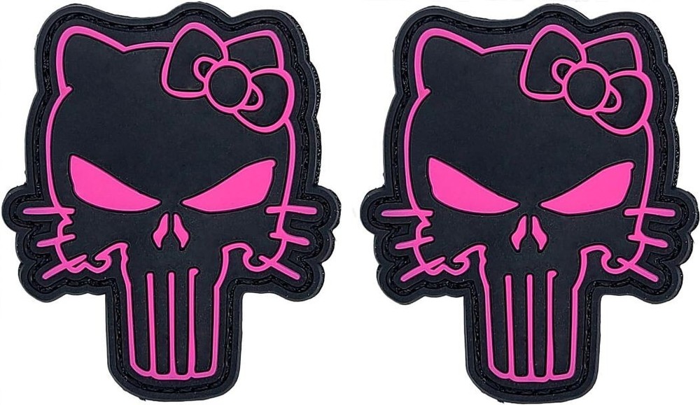 Hello kitty Skull Pink PVC Rubber Morale Patch- 2PC  2.5" PVC Hook Backing