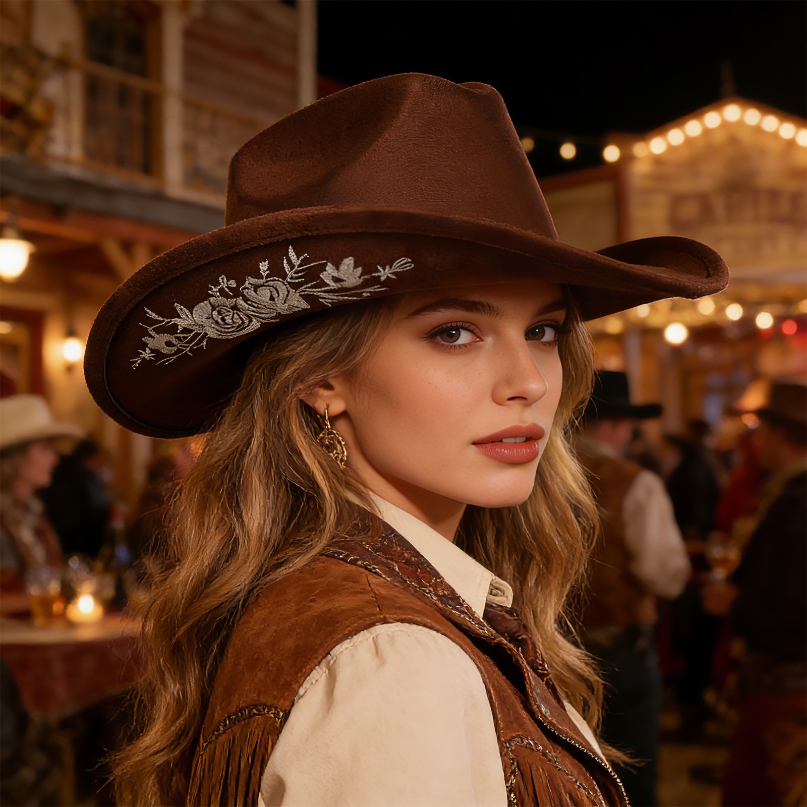 Women's Embroidered Cowboy Hat Floral Decor Western Sun Hat for Party Daily Wear