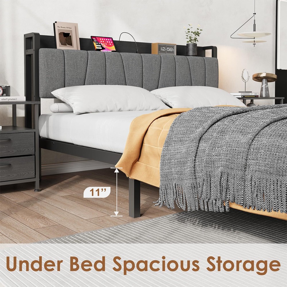 Full Bed Frame with Headboard Platform Bed Frame w/2 Drawer and Charging Station