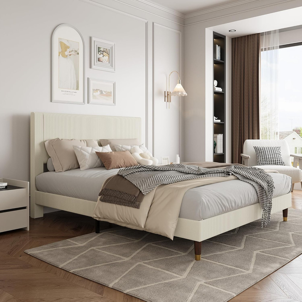 Beige Upholstered Full Bed Frame, Noise-Free, Easy Assembly