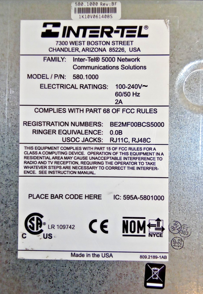 Inter-Tel 5000 500.1000 Cabinet with Key - Tested Working