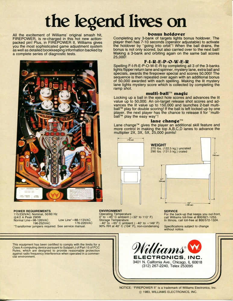 Firepower II Williams Pinball Flyer / Brochure/ Ad - Mint