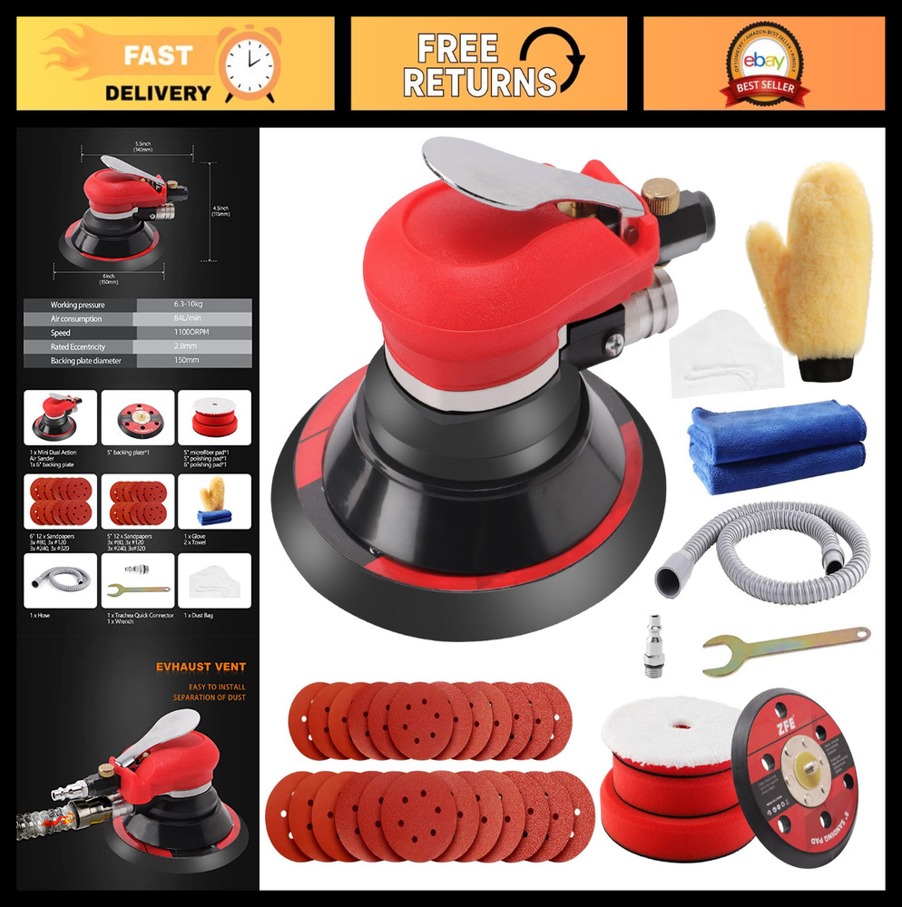 5" & 6" Pneumatic Random Orbital Sander, Low Vibration, Extra Backing Plate, Pad