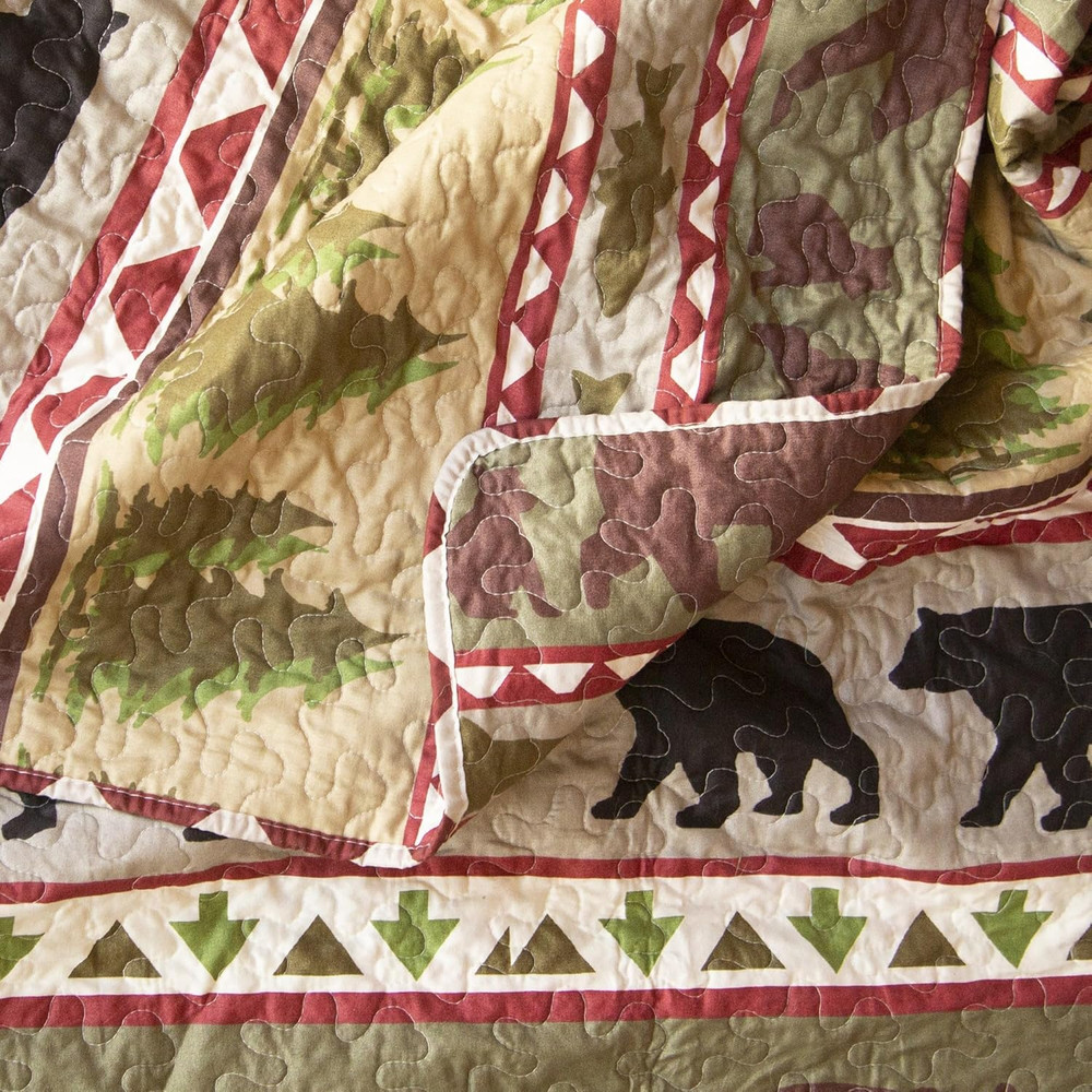 Rustic Bear Stripe Microfiber Quilt Set - 3-Piece Full/Queen Bedding