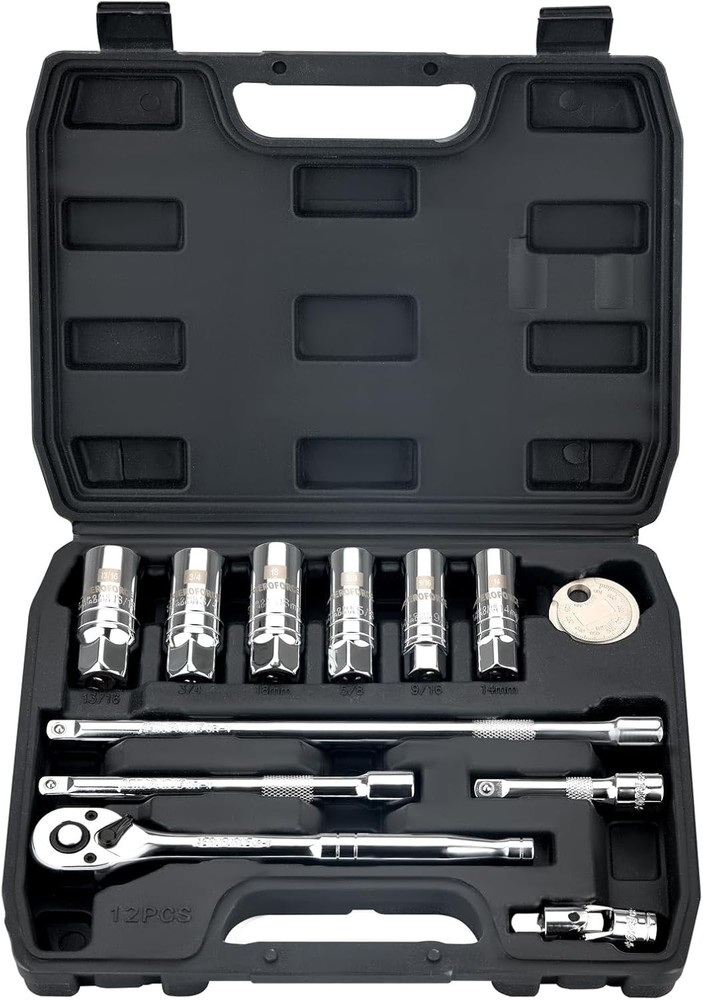 AEROFORCE 12PCS 3/8" Drive Spark Plug Socket Set with Ratchet Handle, Universal