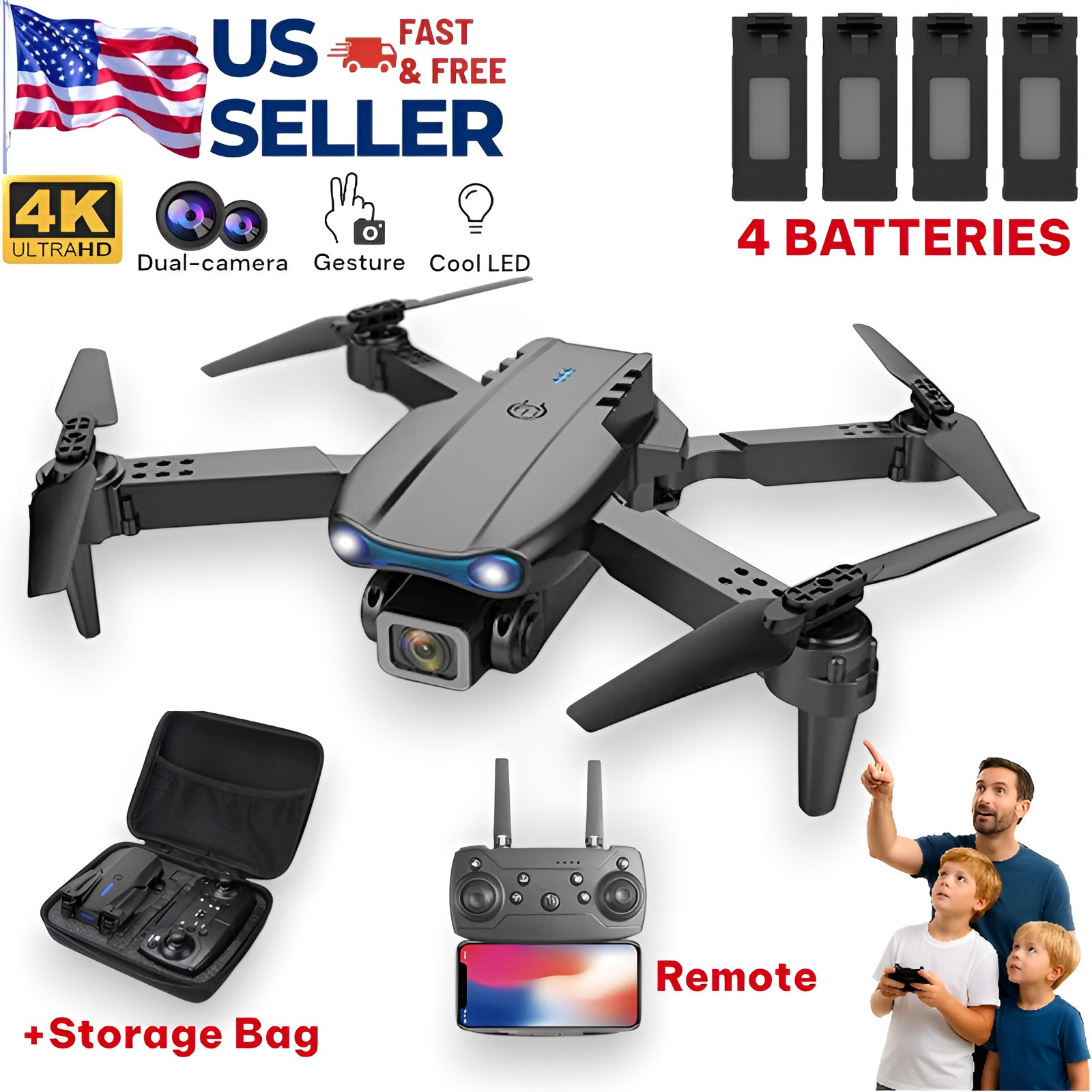 4K HD Camera Drone WiFi FPV RC Foldable Dual Camera with 4 Batteries