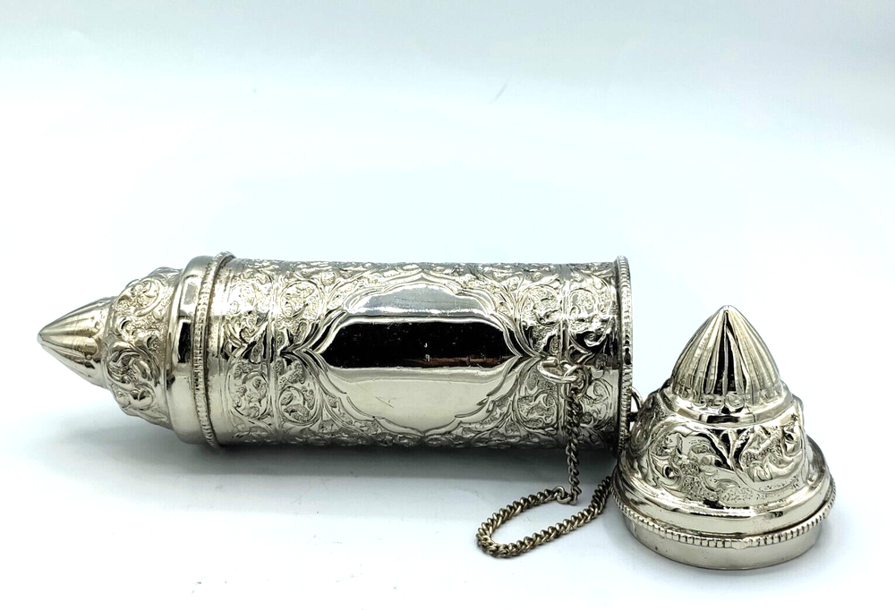 Prayer Scroll Secret Message Holder Silverplate Repousse Metalwork