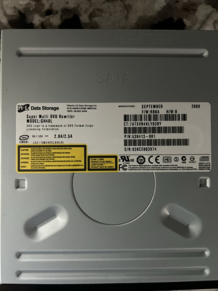 A Hitachi LG  Data Storage Super Multi DVD Rewriter. Model GH4OL.