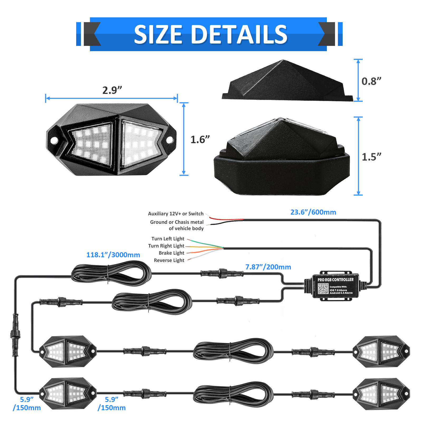 Pair 4FT Spiral RGB LED Lighted Whip Lights + 8 Pods Rock Light For ATV UTV RZR